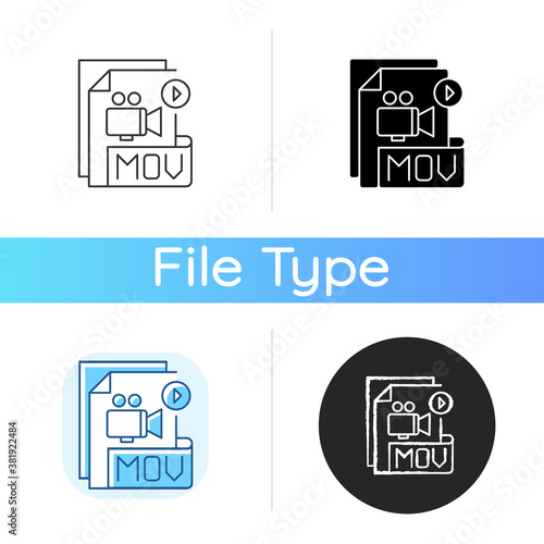 MOV file icon. MPEG-4 multimedia container file format. Videoplayer. Video data storing. Audio, timecode. Compression algorithm. Linear black and RGB color styles. Isolated vector illustrations