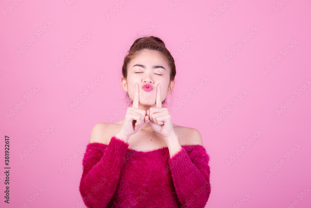 Portrait of beautiful asia young woman, on pink color background with copy space. Human face expressions, emotions feelings, body language,beauty and fashion concept. Portrait of beautiful asia young woman, on pink color background with copy space. Human face expressions, emotions feelings, body language,beauty and fashion concept.