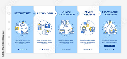 Psychotherapy careers onboarding vector template. Social worker, psychiatrist, professional counselor. Responsive mobile website with icons. Webpage walkthrough step screens. RGB color concept