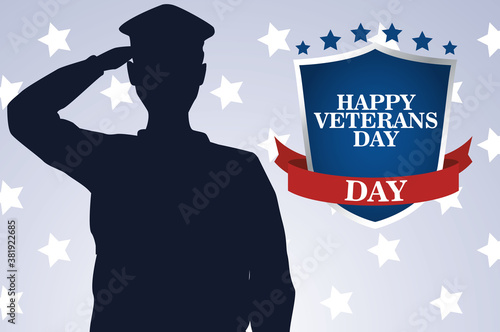 Leinwand Poster happy veterans day celebration with military officer saluting and shield
