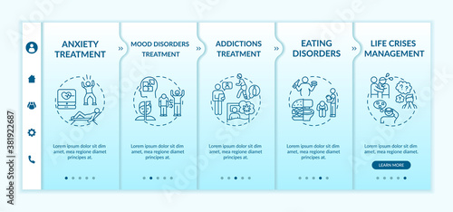 Psychotherapy tasks onboarding vector template. Eating disorders. Anxiety treatment. Life crises management. Responsive mobile website with icons. Webpage walkthrough step screens. RGB color concept