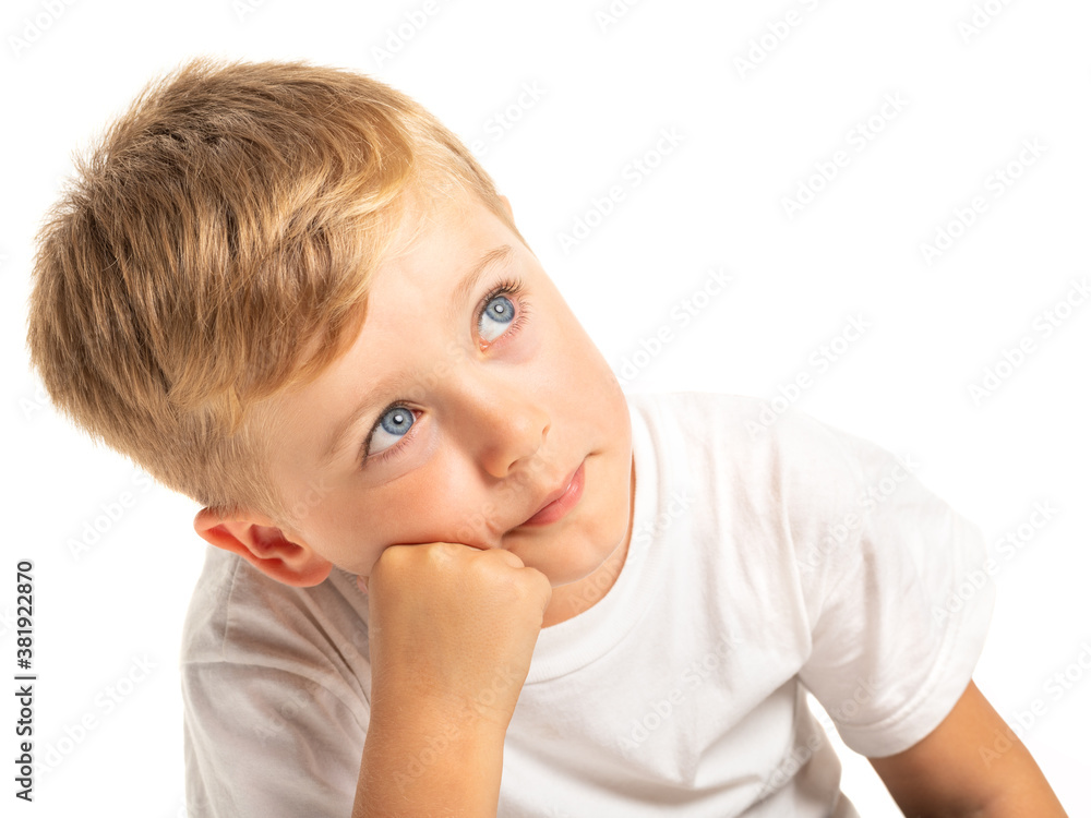 Portrait of a cute litlle boy thiking, isolated on white background Portrait of a cute litlle boy thiking, isolated on white background