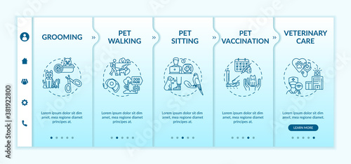 Pet services onboarding vector template. Animal health care company. Grooming services options Responsive mobile website with icons. Webpage walkthrough step screens. RGB color concept