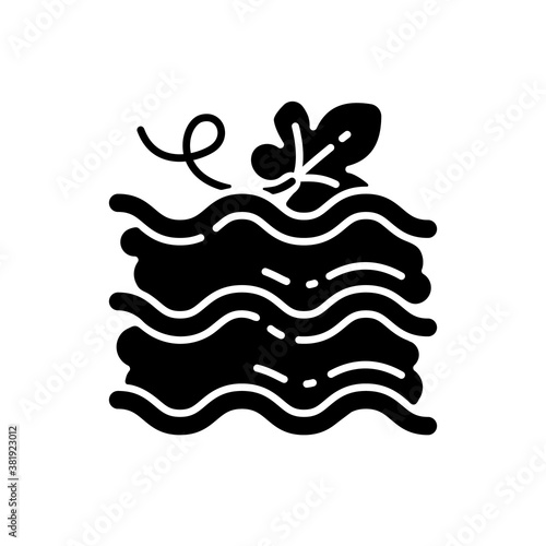 Pumpkin lasagna black glyph icon. Traditional baked dish with gourd silhouette symbol on white space. Italian restaurant autumn season menu. Homemade vegetarian food. Vector isolated illustration