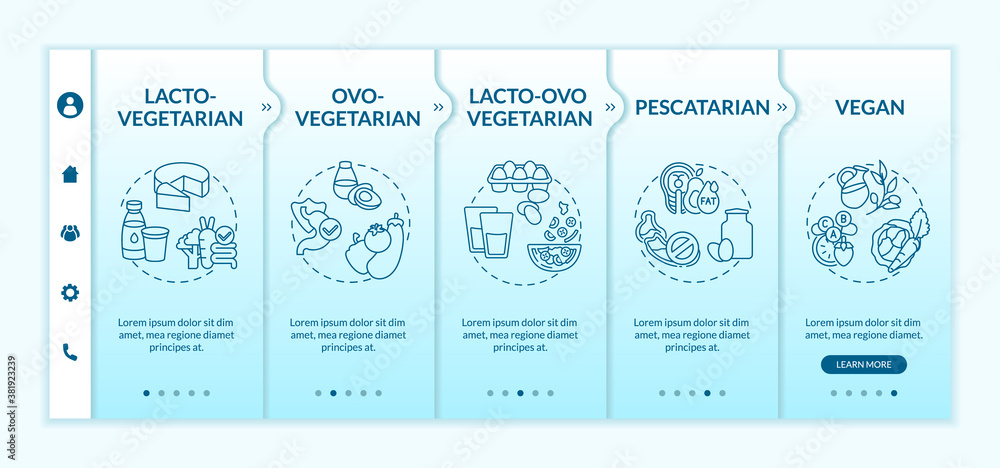 Types of vegetarian diets onboarding vector template. Healthy meal ideas. Organic culinary. Responsive mobile website with icons. Webpage walkthrough step screens. RGB color concept