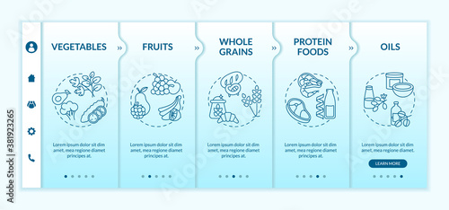 Vegetarian diet components onboarding vector template. Organic healthy culinary ingredient. Tasty vegan meal. Responsive mobile website with icons. Webpage walkthrough step screens. RGB color concept