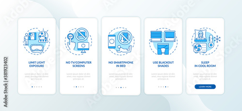 Good sleep recommendation blue onboarding mobile app page screen with concepts. Better dreaming walkthrough 5 steps graphic instructions. UI vector template with RGB color illustrations