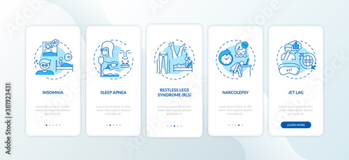 Sleep disorder types blue onboarding mobile app page screen with concepts. Problem with nighttime rest walkthrough 5 steps graphic instructions. UI vector template with RGB color illustrations