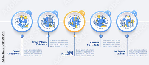 Vitamins consumption instructions vector infographic template. RDI presentation design elements. Data visualization with 5 steps. Process timeline chart. Workflow layout with linear icons