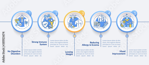 Probiotics advantages vector infographic template. Strong immunity, weight loss presentation design elements. Data visualization with 5 steps. Process timeline chart. Workflow layout with linear icons