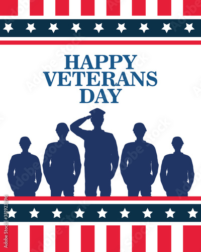 happy veterans day celebration with military officer and soldiers saluting and lettering