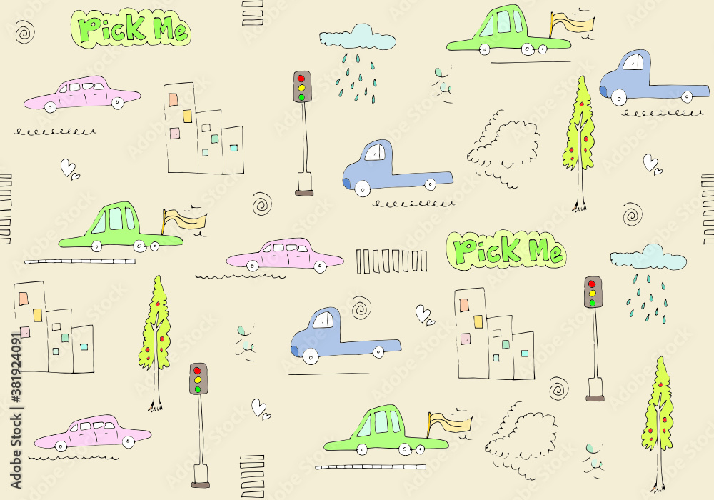 Cartoon Transportation Background for Kids. Vector Straight Pattern with Doodle Toy Car, Tree, and quote pick me. 