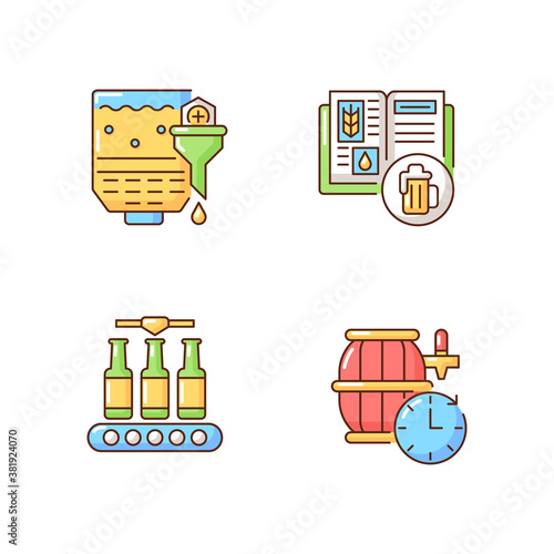 Beer production RGB color icons set. Recipe for alcohol drink production. Beverage manufacture step. Bottling liquid. Mashing in industrial appliance. Barrel aged beer. Isolated vector illustrations
