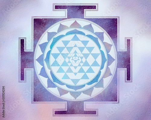 Shri yantra, modern watercolor painting in purple and blue photo