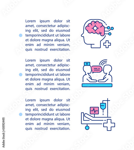 Brain health service concept icon with text. Mental healthcare, neurologist consultation. PPT page vector template. Brochure, magazine, booklet design element with linear illustrations