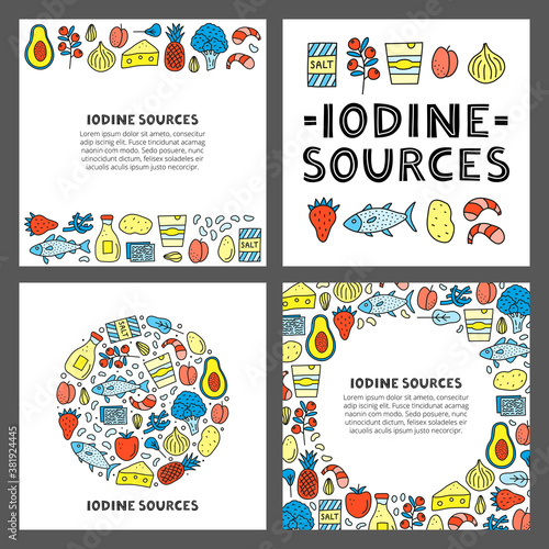 Set of cards with lettering and doodle colored iodine food sources including cod, tuna fish, salt, broccoli, yogurt, milk, eggs, prunes, seaweed, shrimps, pineapple, etc isolated on grey background.