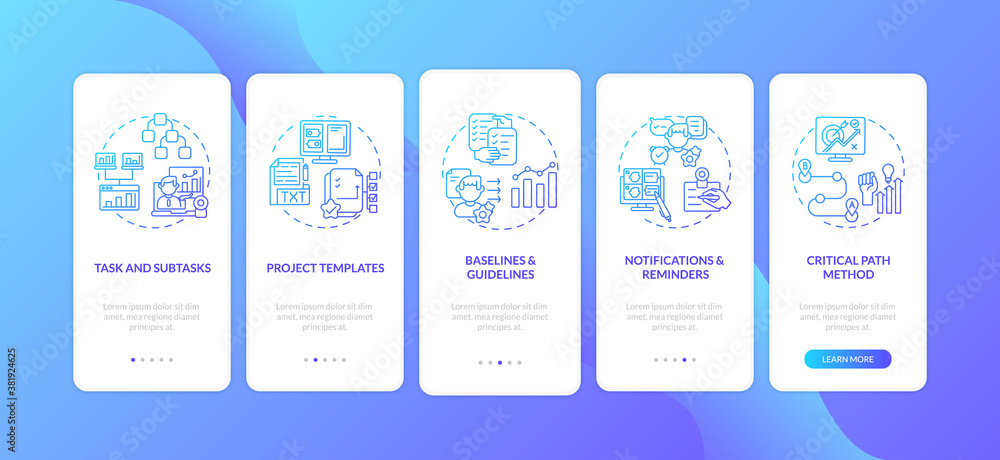 Remote work tool structure onboarding mobile app page screen with concepts. Project templates, guidelines walkthrough 5 steps graphic instructions. UI vector template with RGB color illustrations