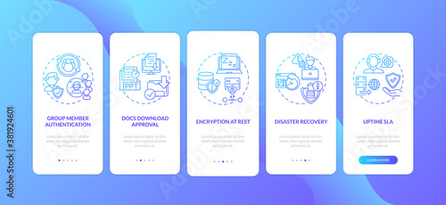 Telework software security parameters onboarding mobile app page screen with concepts. Disaster recovery walkthrough 5 steps graphic instructions. UI vector template with RGB color illustrations
