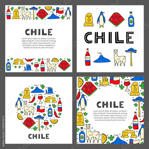 Set of cards with lettering and doodle colored Chile icons including Easter island statue, Villarrica volcano, araucaria tree, empanadas, penguin, poncho, alpaca isolated on grey background.