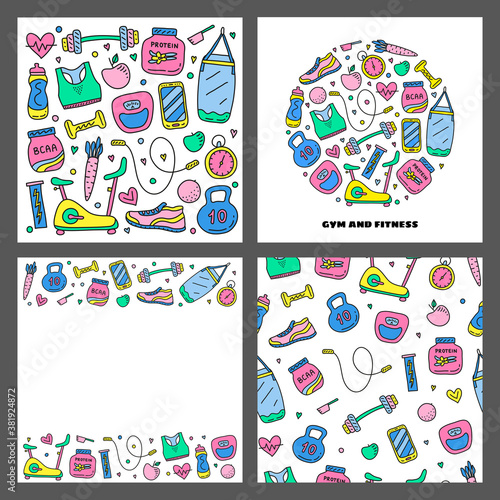 Set of cards with colored gym and fitness icons including exercise bike, sport bra, bottle, whey protein, bcaa, isotonic drink, barbell, dumbbell, weight, jumping rope, sneaker on grey background.