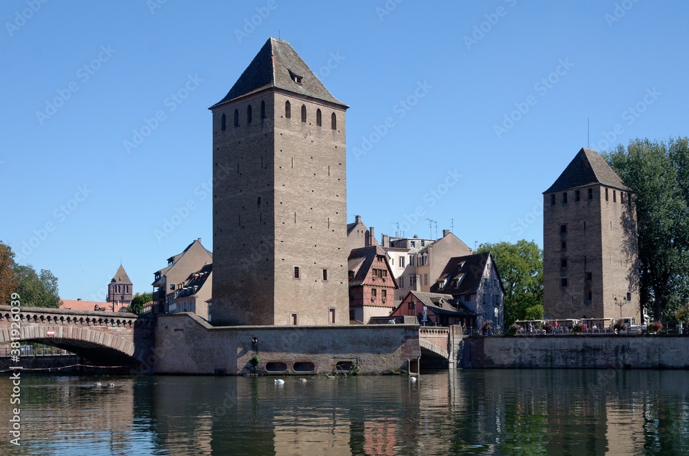 View of the historical Pont Couvert in Strasbourg