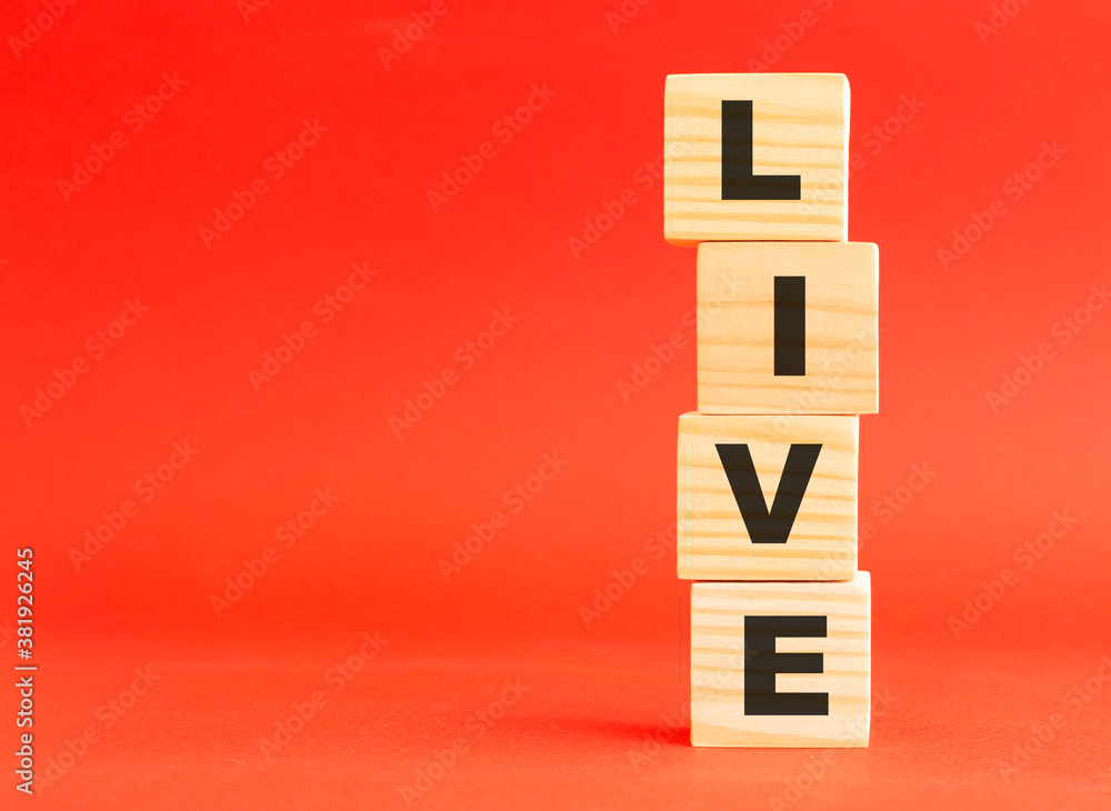 Wooden cubes with letters. For your design. Wooden cubes on a red background. Free space on the left. Wooden cubes with letters. For your design. Wooden cubes on a red background. Free space on the left.
