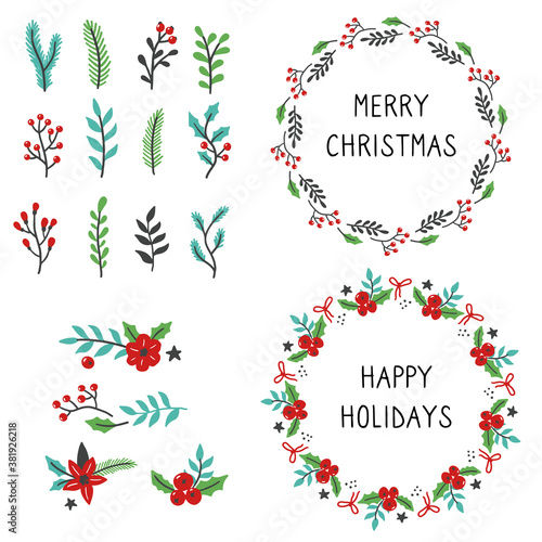 Set of christmas wreath floral frame for text decoration. Hand drawn style illustration.