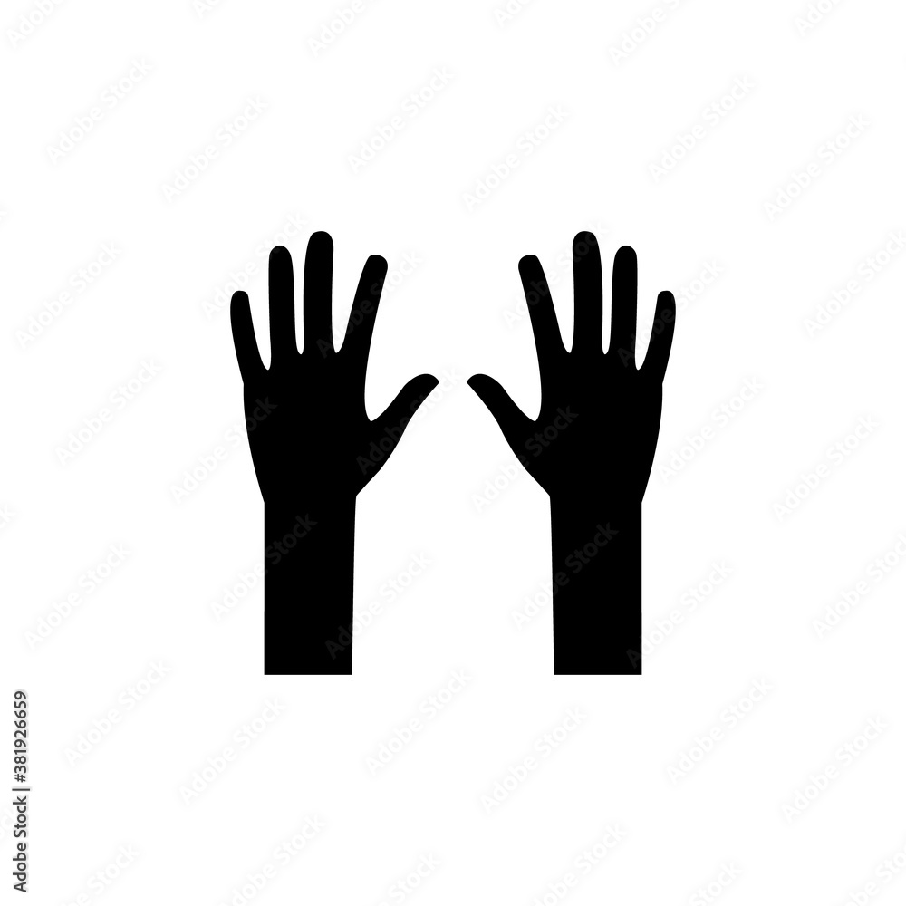 Hand gesture icon set. Raised hands illustration. Black arm up silhouette.