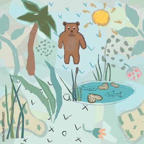 Cute Seamless Pattern with funny bear and fish pond. Unique Childish Design.