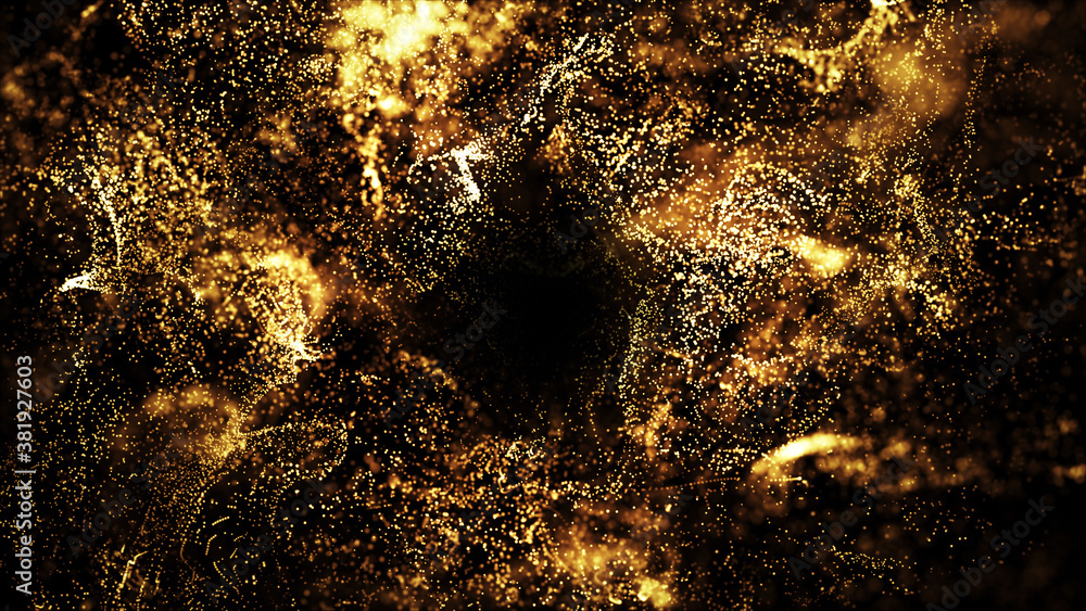 golden particles shining stars dust bokeh glitter awards dust abstract background. Futuristic glittering in space on black background.	
 - obrazy, fototapety, plakaty 