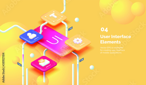Modern mobile app user interface concept. 3D Smartphone on a yellow background with tools for creating a mobile interface. Mobile interface design. Modern vector illustration isometric style.