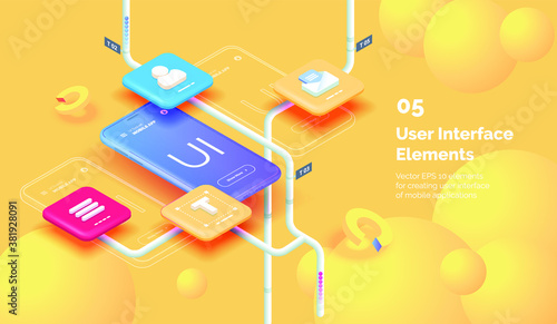 Modern mobile app user interface concept. 3D Smartphone on a yellow background with tools for creating a mobile interface. Mobile interface design. Modern vector illustration isometric style.