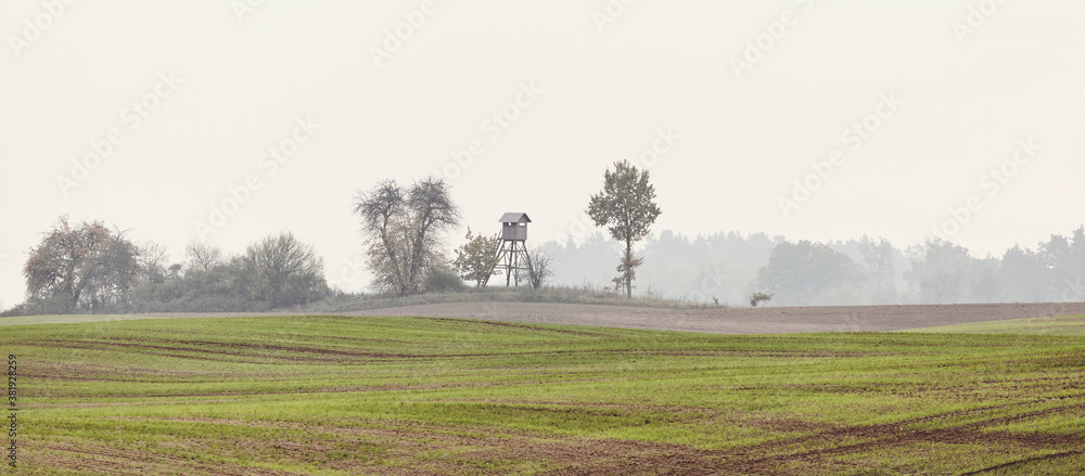 Rural landscape with wooden hunting blind on a field in an autumnal misty morning, color toning applied. Rural landscape with wooden hunting blind on a field in an autumnal misty morning, color toning applied.