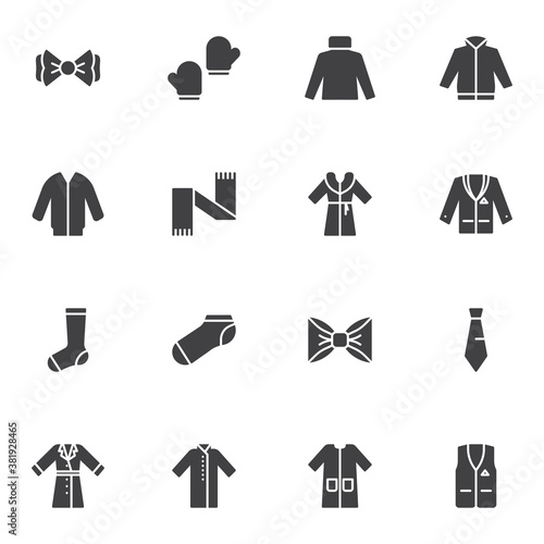 Clothes vector icons set, modern solid symbol collection, filled style pictogram pack. Signs, logo illustration. Set includes icons as winter gloves, sweater, jacket, coat, dress, scarf, necktie, sock