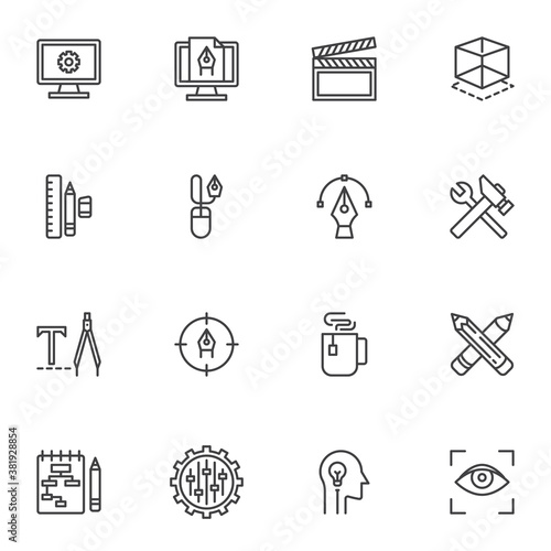 Creative process line icons set, outline vector symbol collection, linear style pictogram pack. Signs, logo illustration. Set includes icons as development, video production, create, take a break