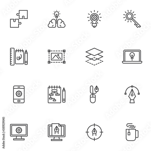 Graphic design creative process line icons set, outline vector symbol collection, linear style pictogram pack. Signs, logo illustration. Set includes icons as brainstorming idea, workflow, editing