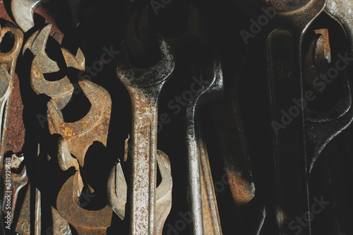 A set of automotive tools. Spanners. Rusty keys