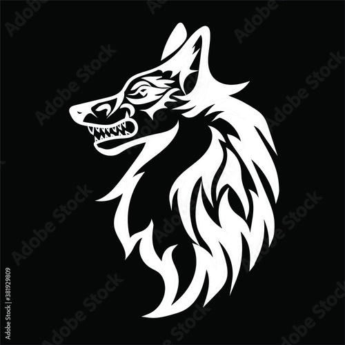 Drawing of the head of a wolf  dog  white on a black background  vector illustration