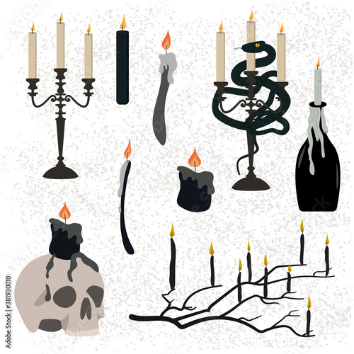 Vector Halloween illustration of candles. Collection of black and white candles in different shapes, in bottle, candelabra, on scull and tree branch. 