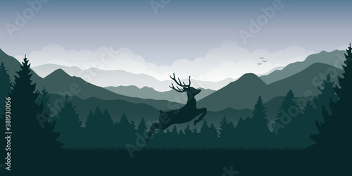 wildlife deer on green mountain and forest landscape vector illustration EPS10