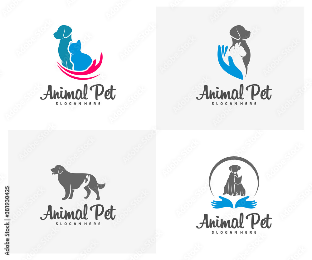 Set of Care Pets Logo dog cat design vector template. Animals Veterinary clinic Logotype concept outline icon.