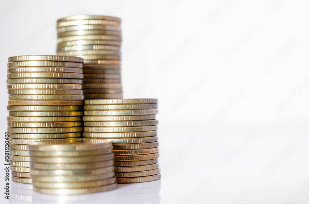 gold coin stack row growing pile on white background for money saving and investment business financial and banking concept. gold coin stack row growing pile on white background for money saving and investment business financial and banking concept.