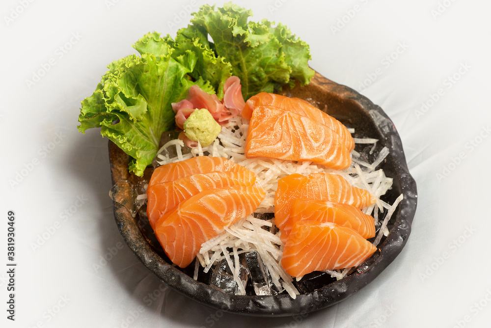 sliced raw fresh salmon serve on ice sliced raw fresh salmon serve on ice