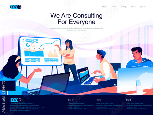 We are Consulting for everyone isometric landing page. Business assistance and expertise isometry website page. Consultant making presentation web concept, vector illustration with people characters.