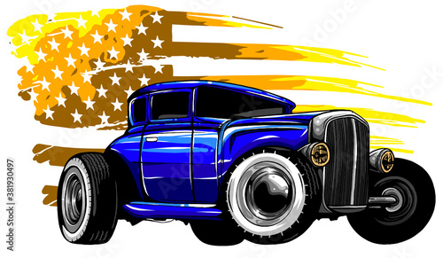 illustration with hot rod on grunge American flag