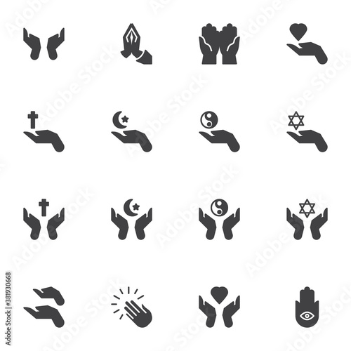 Religious pray vector icons set, modern solid symbol collection, filled style pictogram pack. Signs, logo illustration. Set includes icons as praying hands, judaism, christianity, islam, buddhism