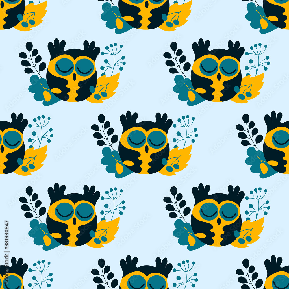 Seamless pattern with Cute autumn owl. Cartoon bird, leaves and berries. Vector illustration in flat style Seamless pattern with Cute autumn owl. Cartoon bird, leaves and berries. Vector illustration in flat style