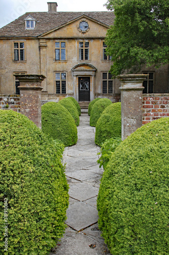 A patterned concrete block walkway between rounded topiary shrubs in an English country garden © Anthony