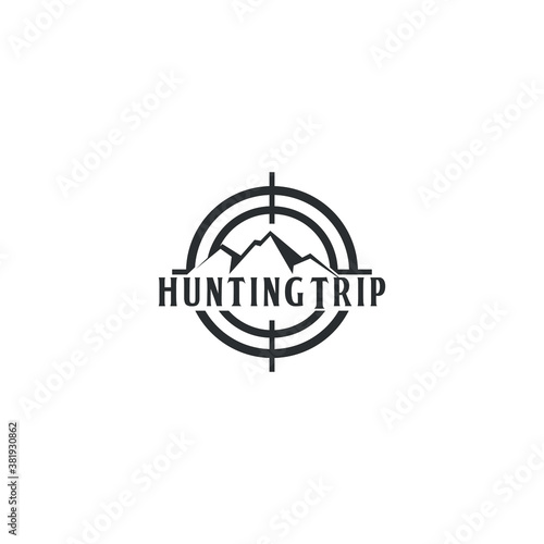 Hunting Trip logo design with target and mountain silhouette