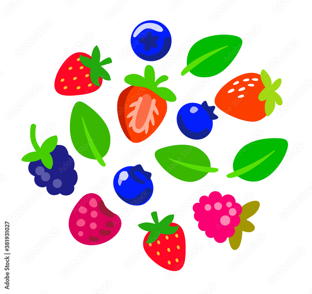 different berries and leaves on white background different berries and leaves on white background